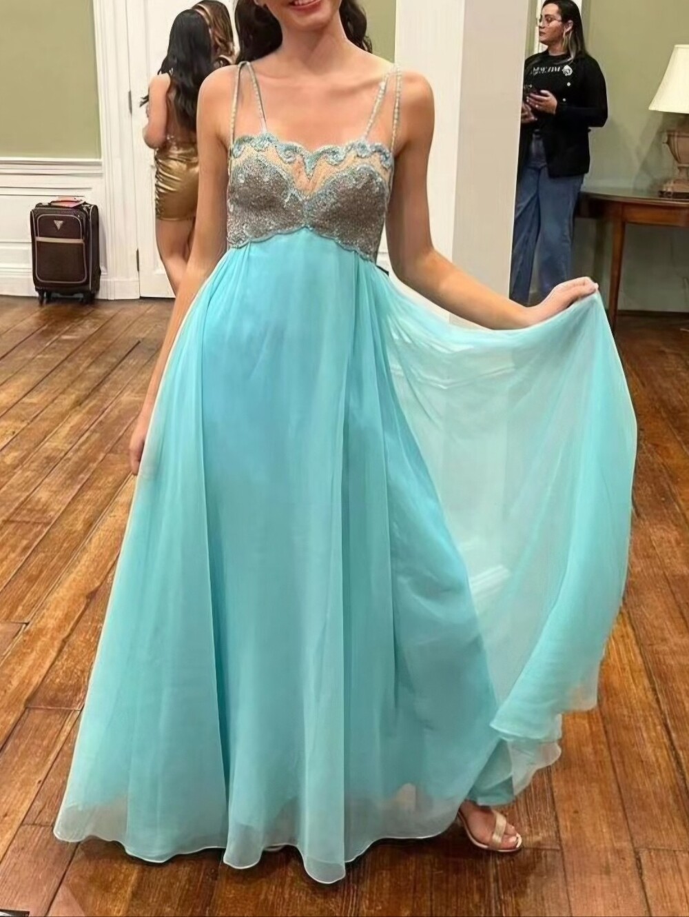 Vintage 1970s Aqua Chiffon Maxi Mermaid Dress